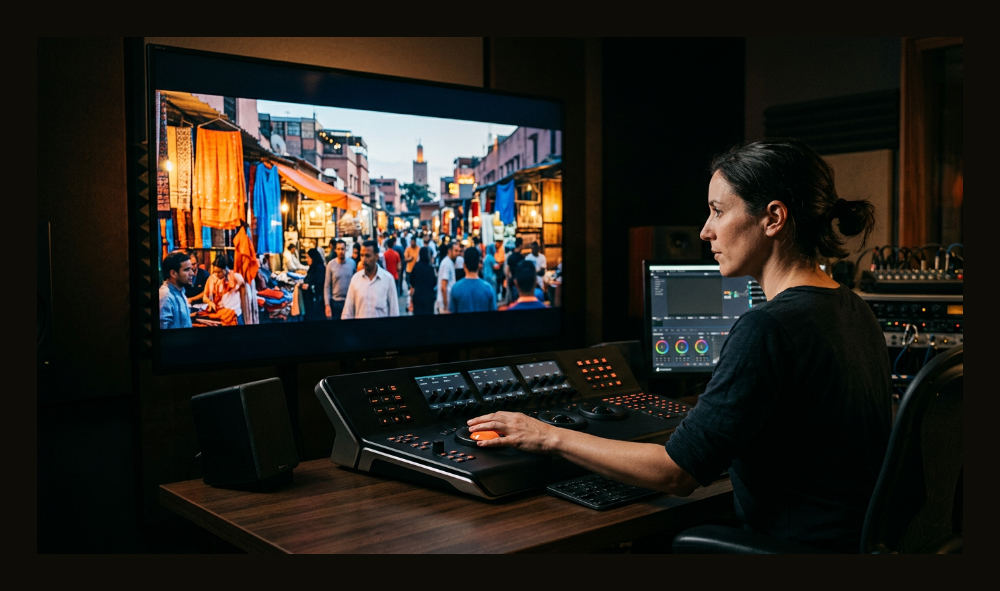 A professional colorist performs color grading to enhance the visual mood of a cinematic production.