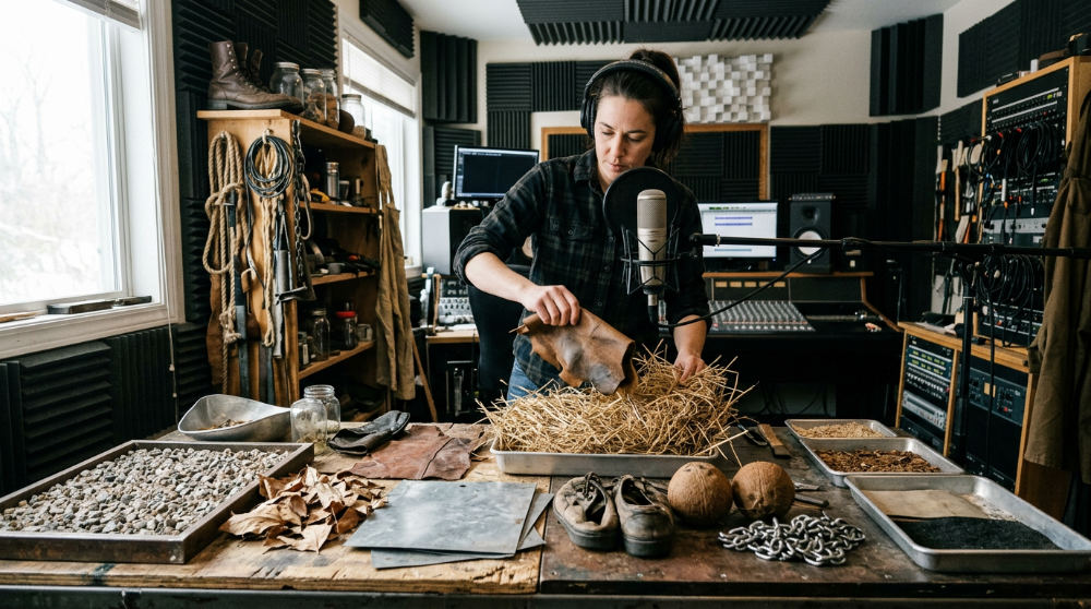 A foley artist creating custom sound effects to build an immersive audio landscape for a film.
