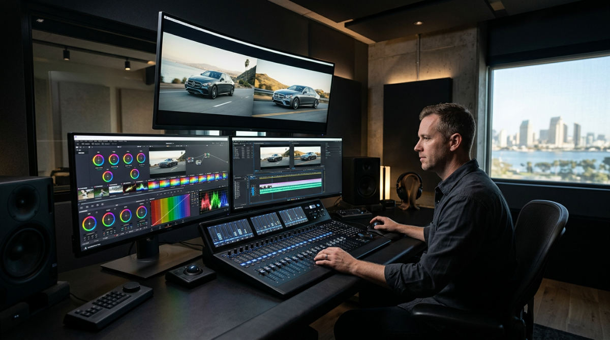 A modern post production house suite in San Diego featuring professional color grading monitors and sound mixing equipment.