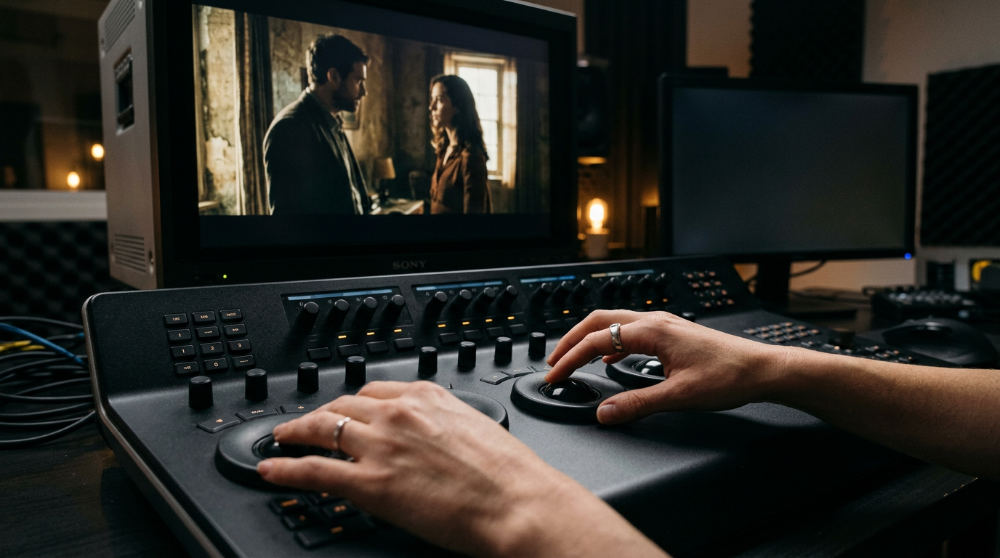 A colorist at a color grading studio performs precise color correction on a commercial project.
