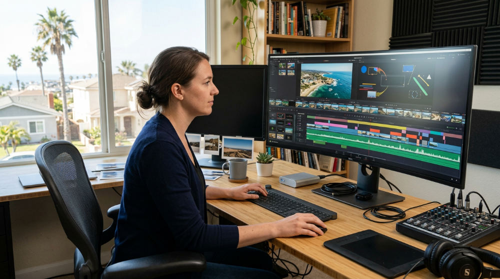 An editor provides video editing services, focusing on narrative pacing and visual storytelling.