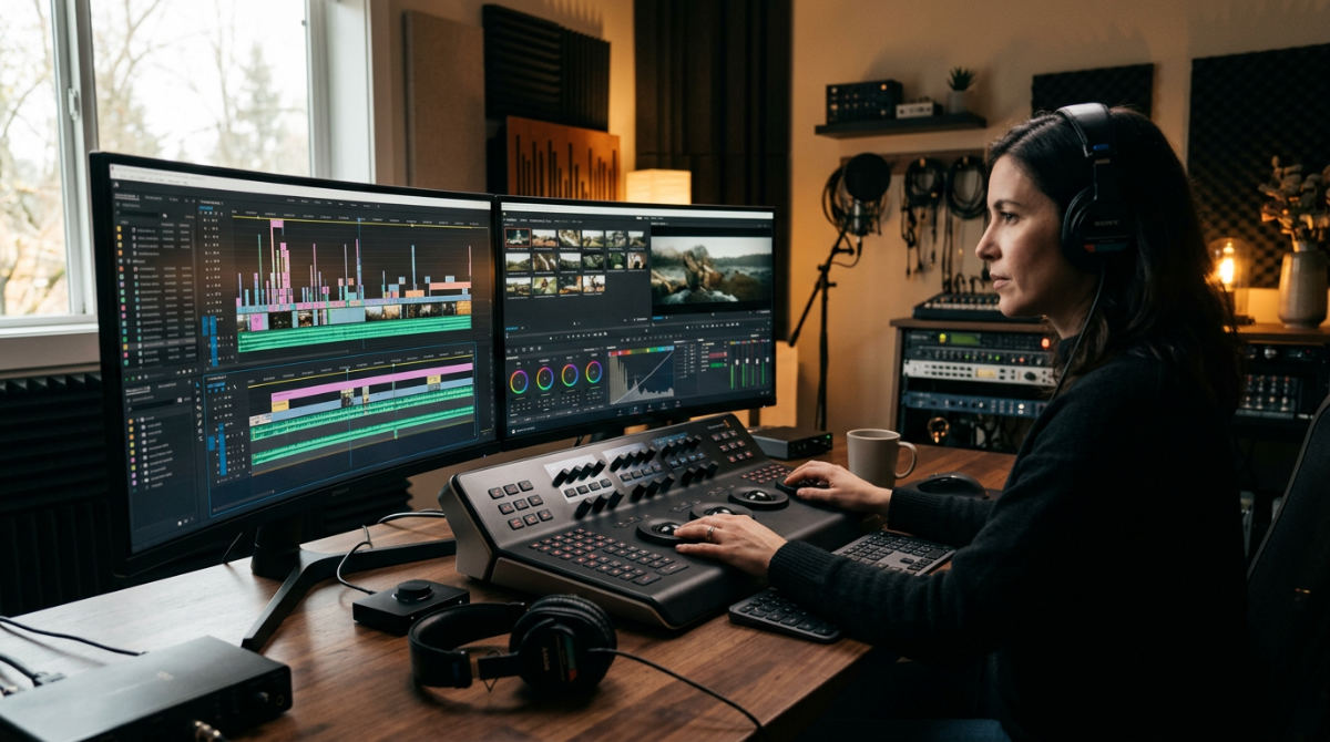 A professional video editing workstation showing the complex post-production process of assembling a brand narrative on dual monitors.