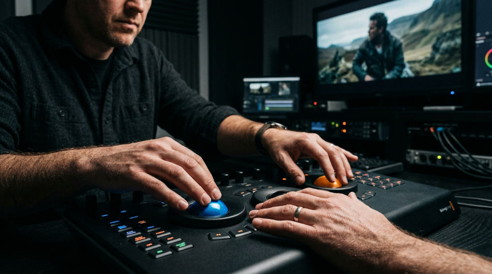 A professional colorist sitting at a high-end console with color-calibrated monitors, adjusting the visual tones and hue of a video sequence.