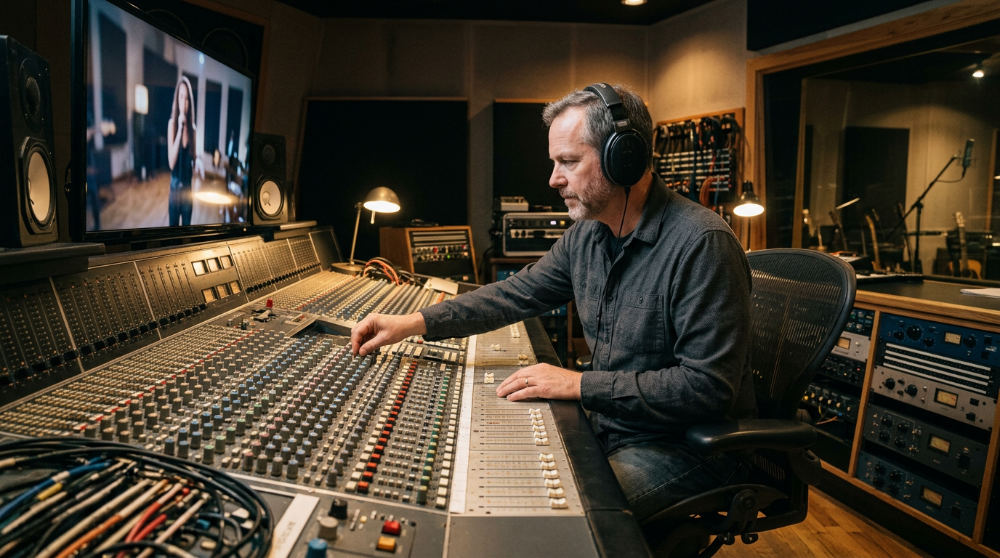 An audio engineer wearing headphones and working at a mixing board to perform sound design, layering audio tracks and dialogue.