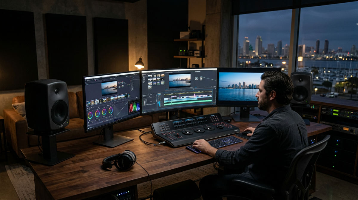 A professional San Diego post production studio featuring advanced editing software and color grading monitors in a modern workspace.