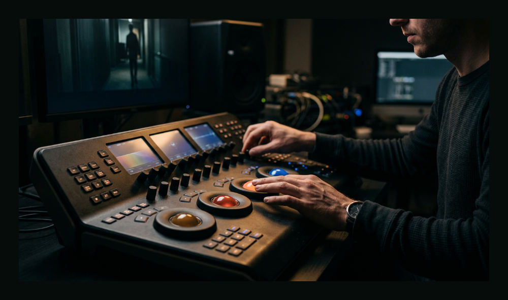 A professional colorist uses a DaVinci Resolve control surface to adjust the cinematic tones of a film.