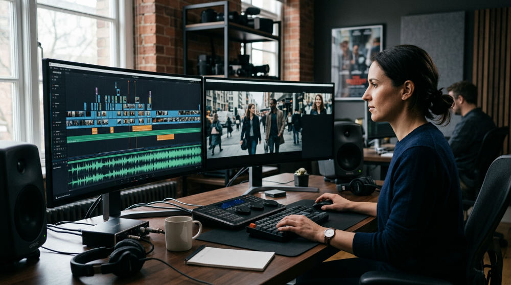 A video editor in a high-end studio suite reviews a project timeline on dual monitors.