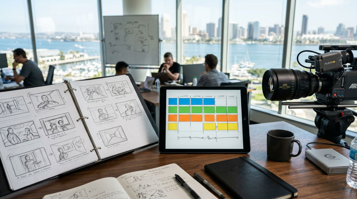 A comprehensive pre production planning template layout on a creative workspace desk.