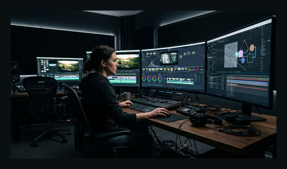 Video editing and motion graphics in a post-production suite