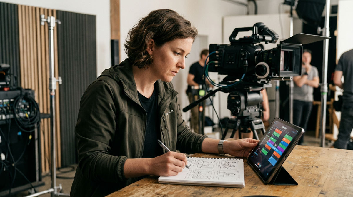 A professional crew member reviews a storyboard during a pre-production planning session for a high-end corporate video.