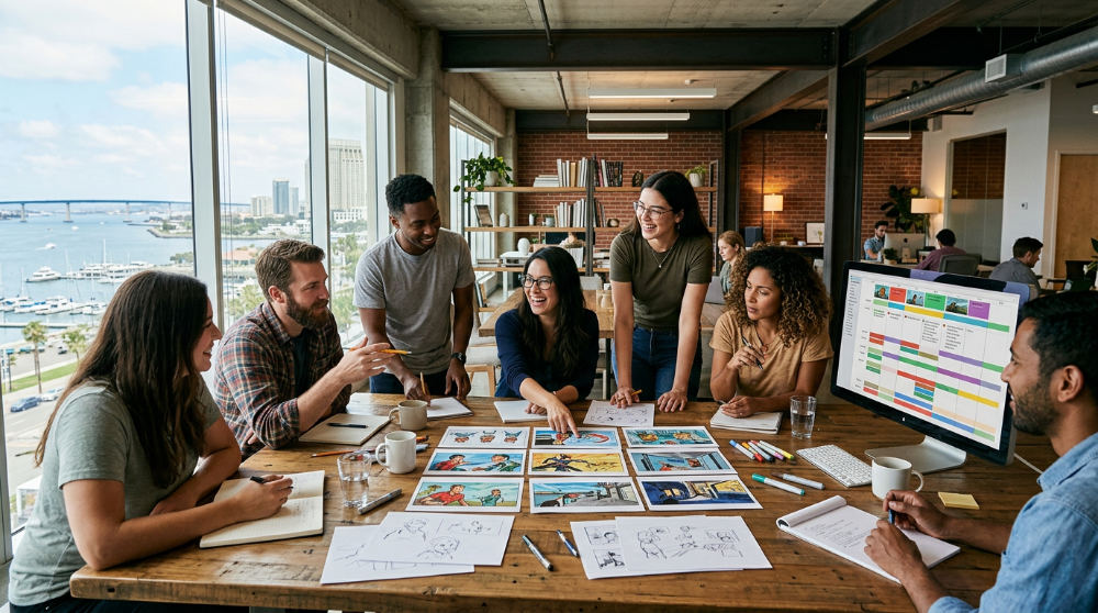 A creative production team collaborates on storyboards and script breakdowns in a modern office environment.