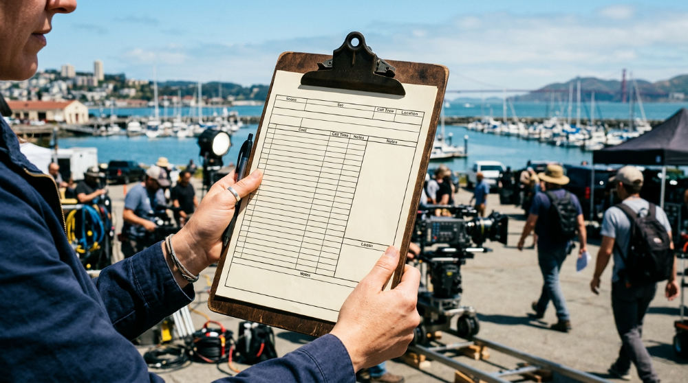 A producer holds a detailed call sheet on a sunny outdoor production set to keep the crew organized.
