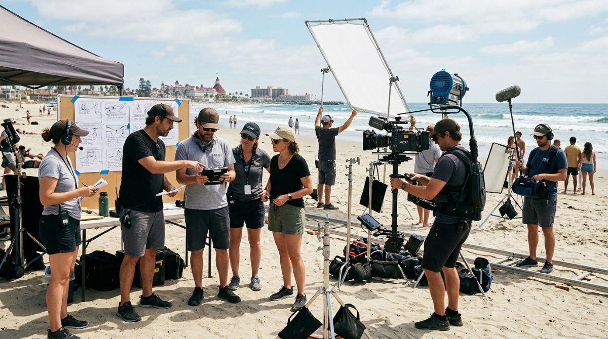 A professional San Diego video production crew filming a commercial on a coastal location with cinema cameras.