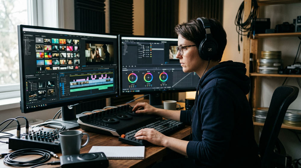 A video editor performing color grading on a multi-screen workstation to polish a commercial.