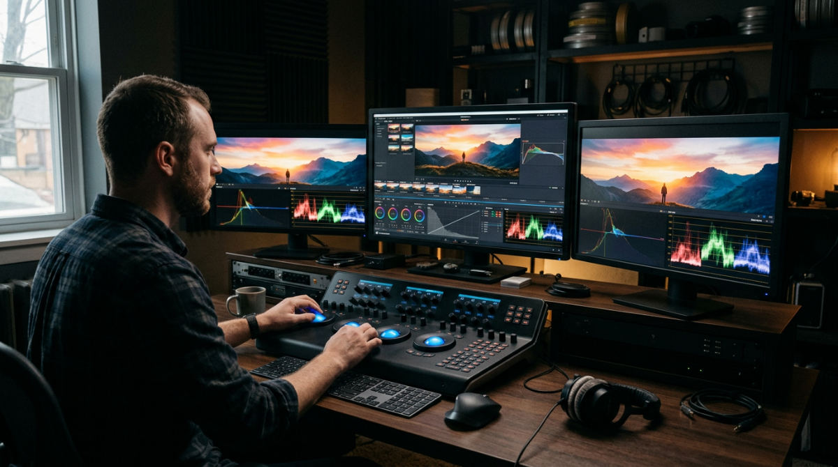 Professional color grading software suite featuring a specialized hardware control panel and calibrated monitors for cinematic video production.