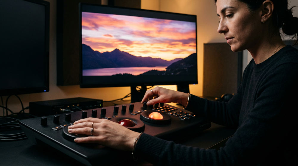 Professional colorist using a dedicated Blackmagic Design control surface with trackballs to adjust video color.