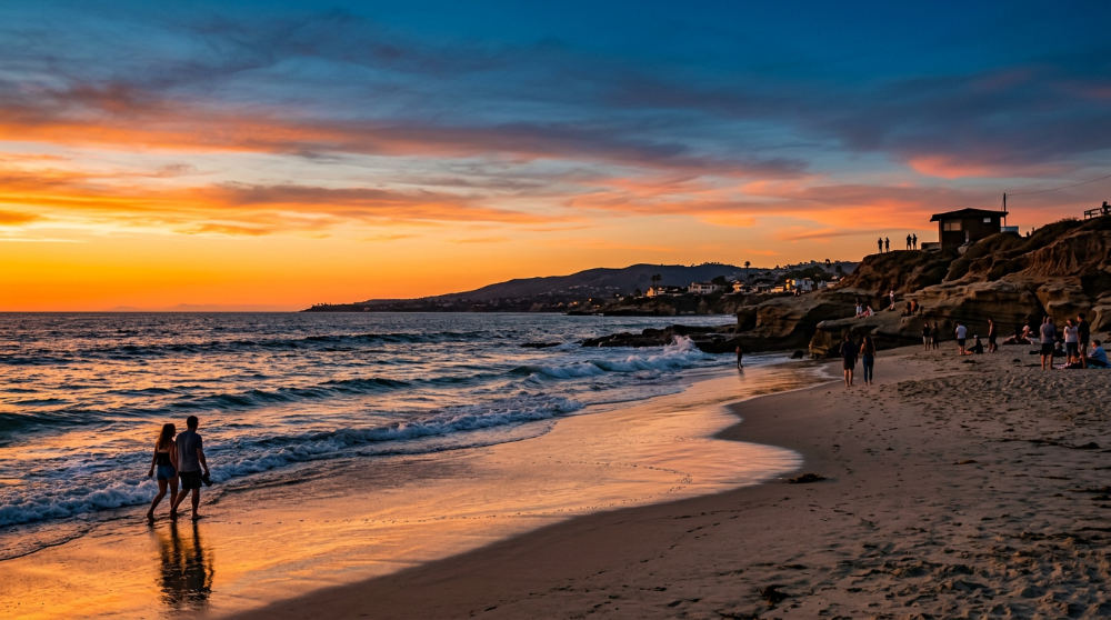 A beach landscape at sunset with enhanced cinematic colors showing warm gold highlights and deep blue shadows.