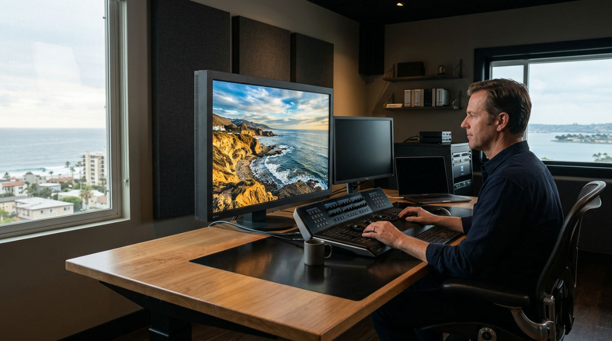 A professional editor performing digital image processing on a high-resolution screen in a modern San Diego studio.