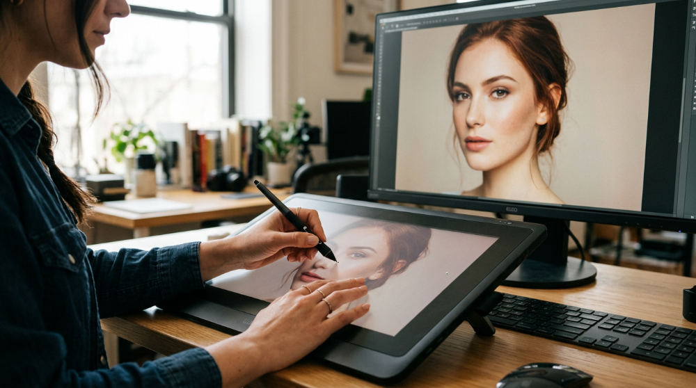 A creative professional using a digital tablet for precise pixel-based editing on a large monitor.
