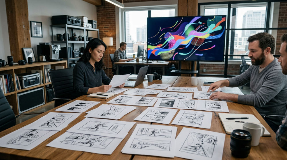 A collaborative workspace showing storyboards and motion graphics assets being prepared for a video project.