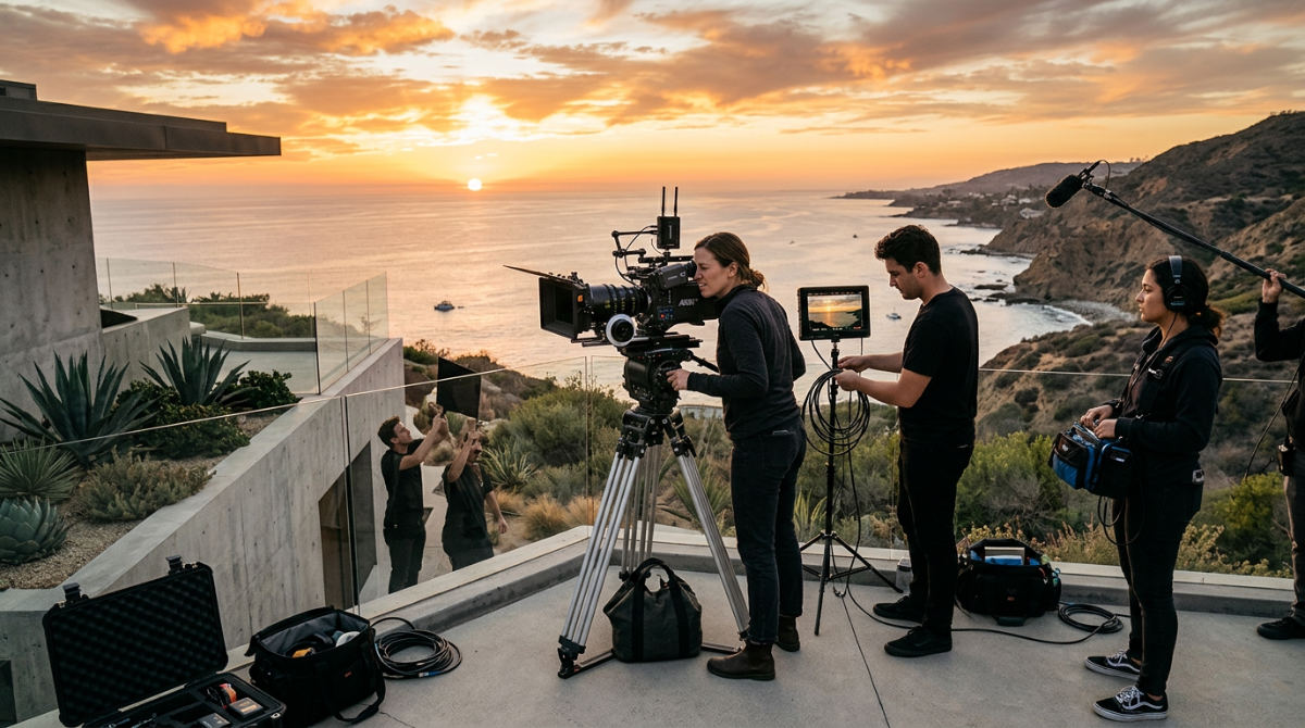 A professional film crew captures cinematic footage at a coastal San Diego location during a golden hour shoot.