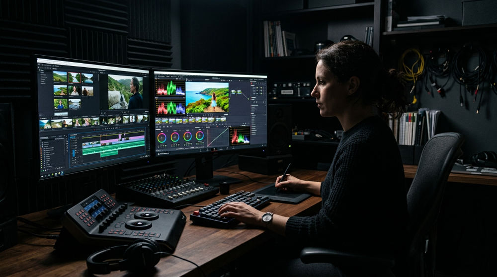 A professional video editor performs color grading and post-production services on a high-end commercial project.