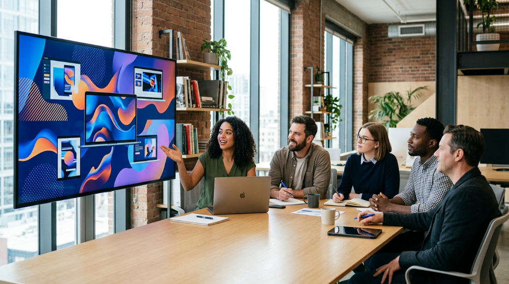 Corporate team reviewing professional video production results