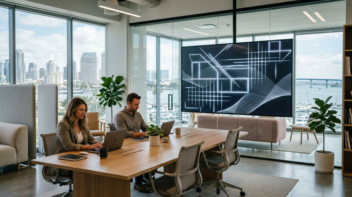 A sleek corporate display showing minimalist motion graphics with straight lines in a modern San Diego office.