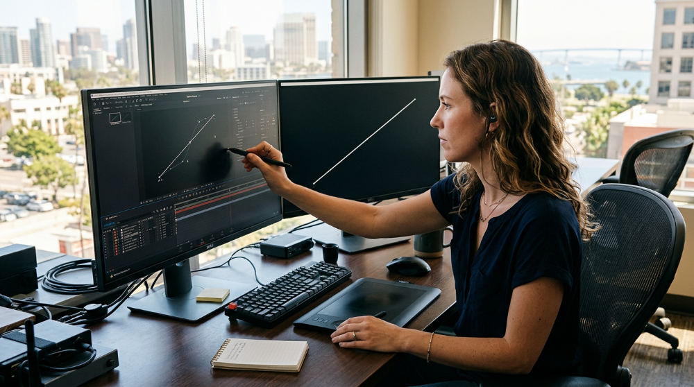 A video editor working on complex straight line motion graphics at a modern workstation.