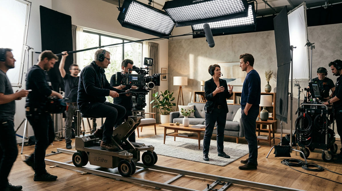 A professional television commercial film set with a cinema camera and lighting equipment in a modern studio.