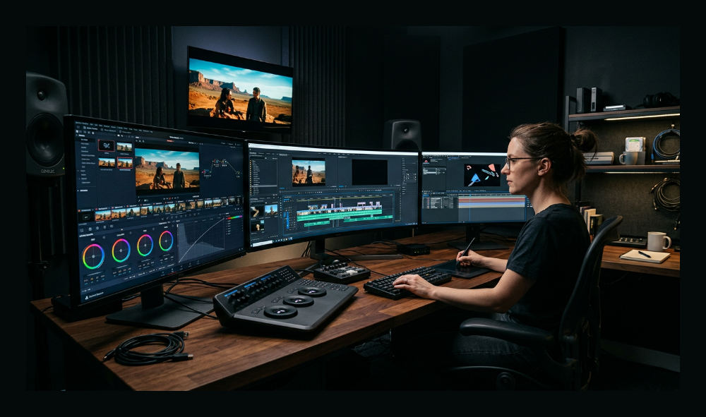 A video editor in a dark studio performing color grading and adding motion graphics to a commercial spot on multiple monitors.