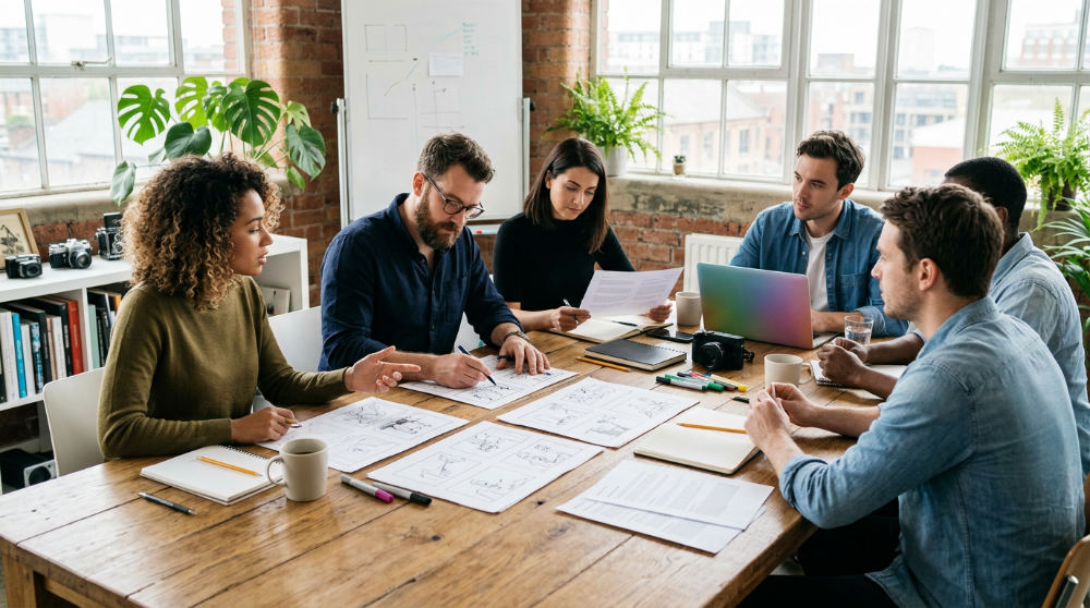 A creative production team in a studio setting collaborating on storyboards and campaign strategy for a television commercial.