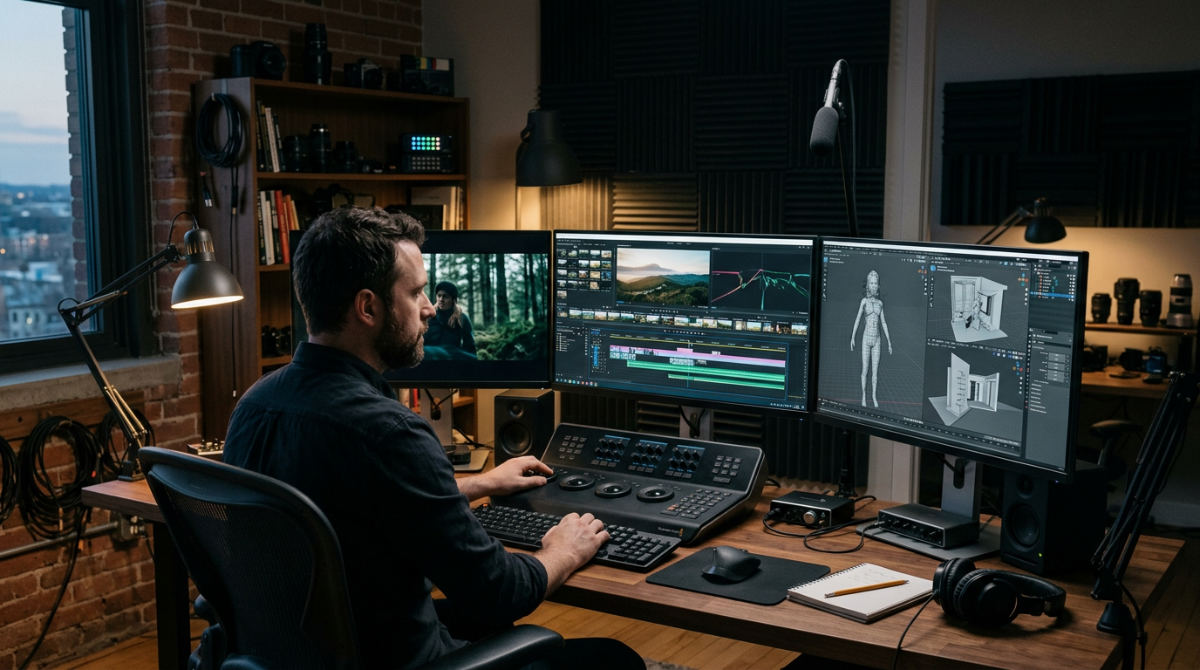 A professional film editing suite showing a workstation running Ubuntu Studio software for video and 3D animation.