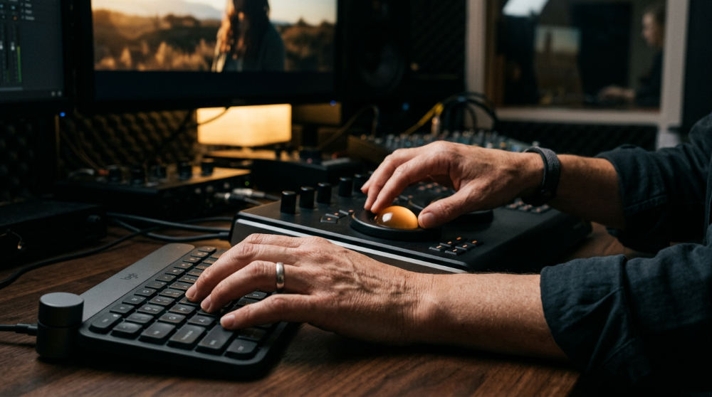 A creative professional performing post-production tasks in a professional studio environment using specialized hardware like high-end monitors and mixing consoles.