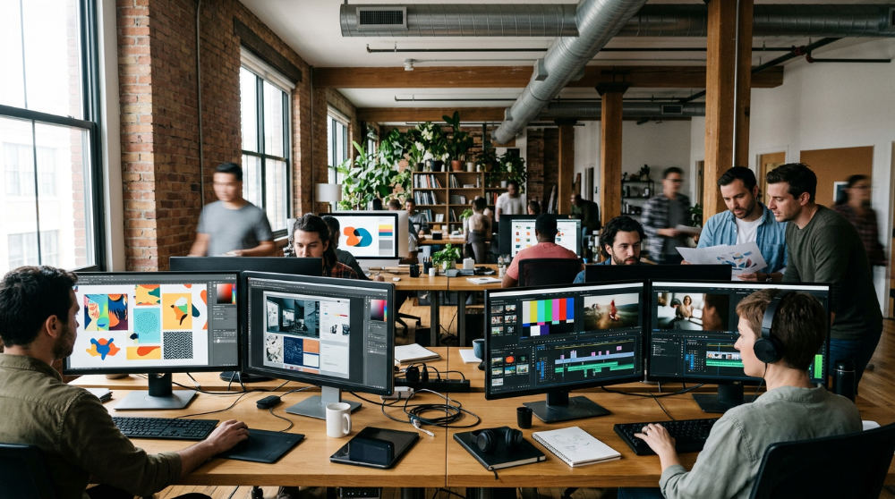 A modern open-plan creative agency office where team members use diverse software suites like Kdenlive and Blender for digital content creation.