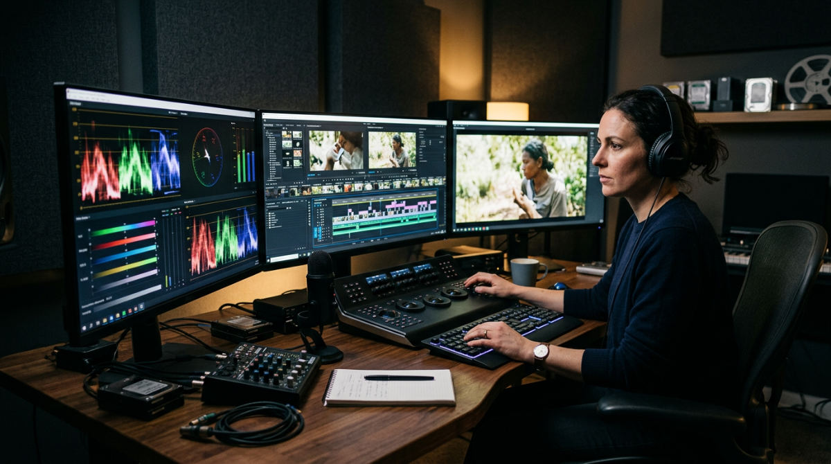 A professional editor managing video compression software in a modern San Diego production studio for corporate video projects.