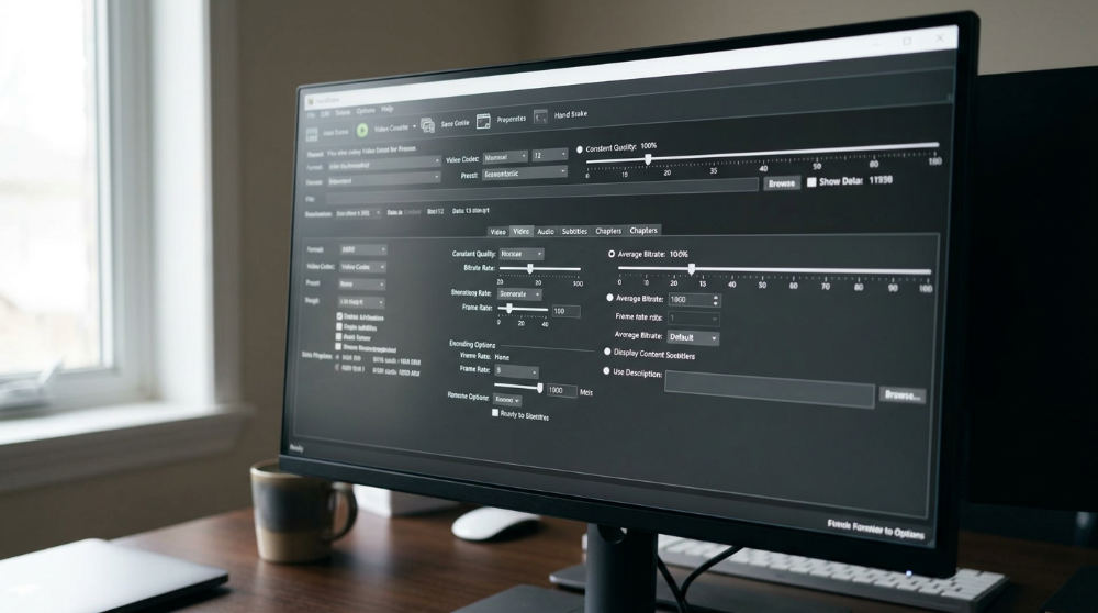 A detailed view of a video transcoder interface showing x264 codec settings and bitrate adjustments for professional video.