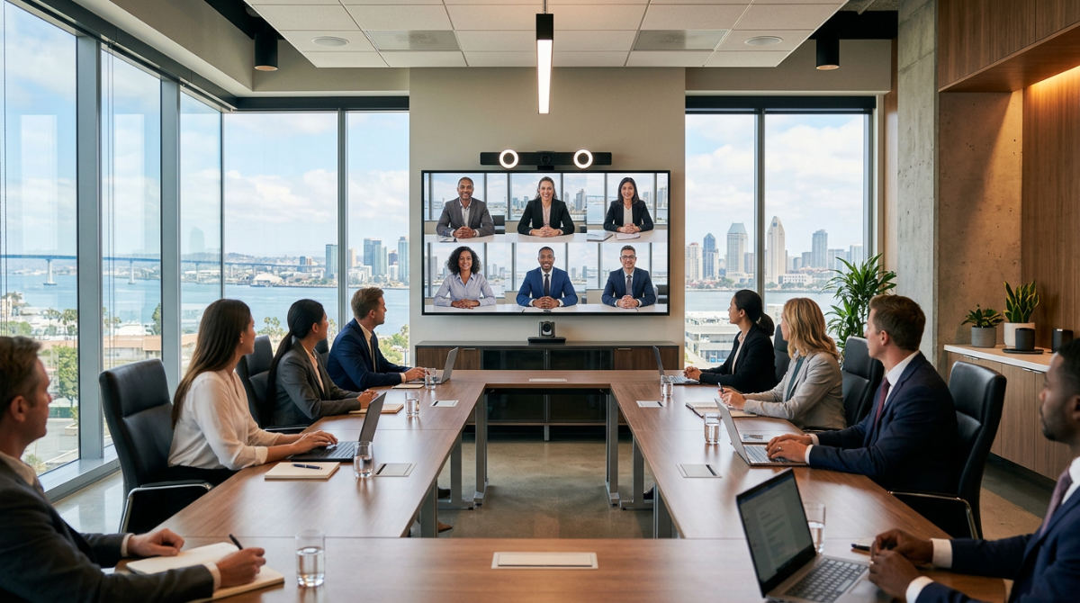 Advanced video conferencing technology setup in a professional San Diego office environment.