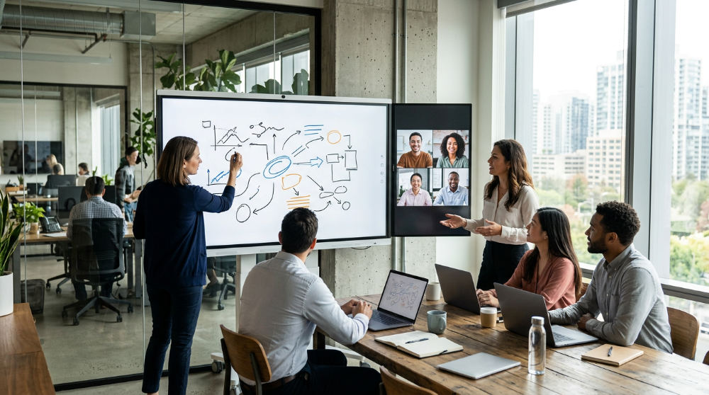 Hybrid team collaborating via modern video conferencing technology tools.
