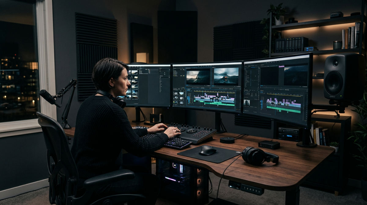 A professional video editing workstation displaying the Premiere Pro interface with a cinematic color-graded sequence on the monitor.