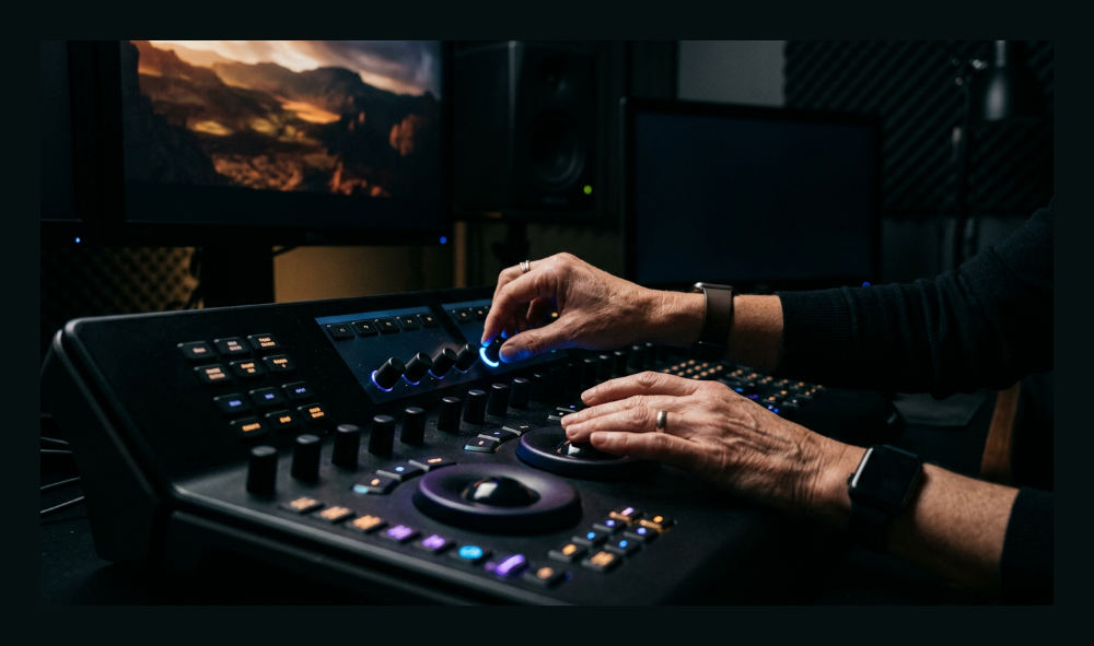 A professional video editor adjusting color wheels in the Lumetri Color panel to grade a commercial film.