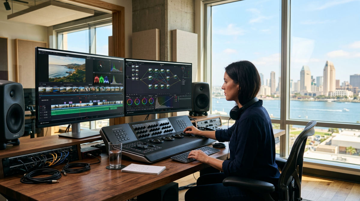 Professional video editing with DaVinci Resolve in a San Diego studio