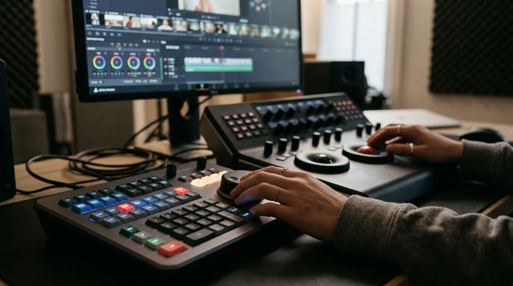 Close-up of video editing hardware for DaVinci Resolve