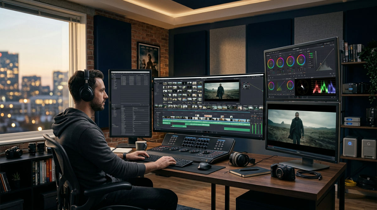 A professional video editor working in a modern post-production studio with multi-monitor setups showing complex editing software.