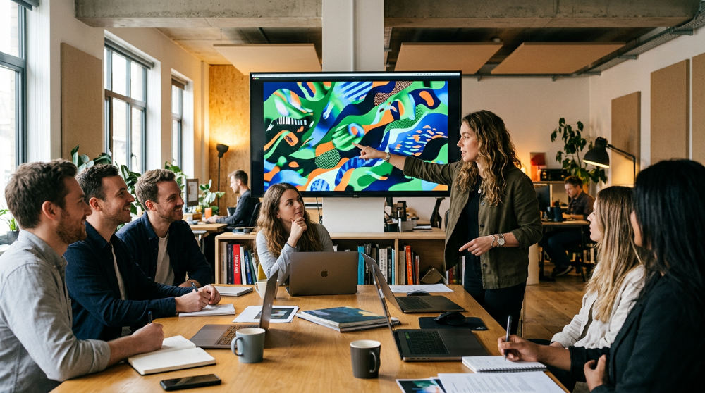 A creative team discussing motion graphics integration for a brand video project.