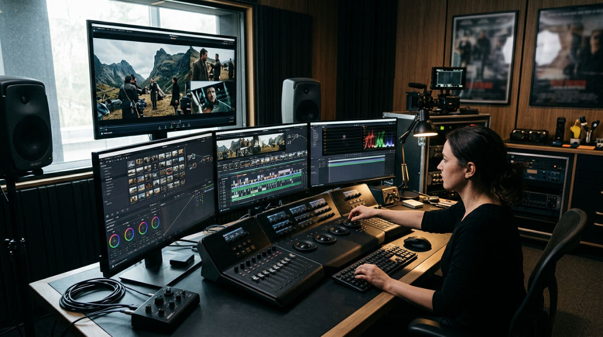 A professional video post production service suite featuring multiple monitors and high-end color grading equipment in a modern studio.