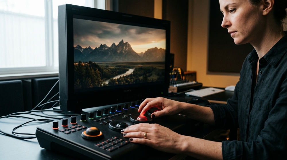 A professional colorist uses specialized hardware to perform color grading services for a cinematic video project.
