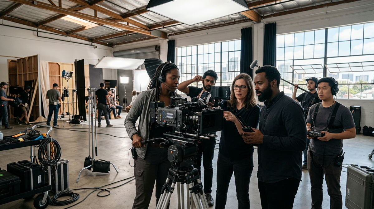 A professional film production crew operates a cinema camera during a commercial shoot in a modern San Diego studio.