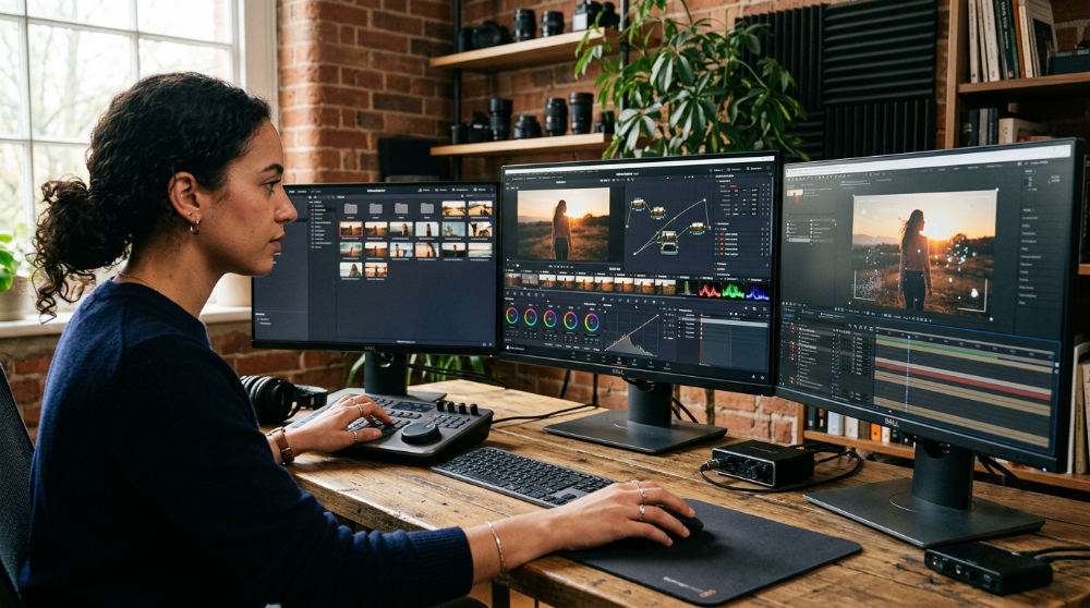 A professional video editor performs color grading and adds motion graphics to a commercial in a dark post-production suite.