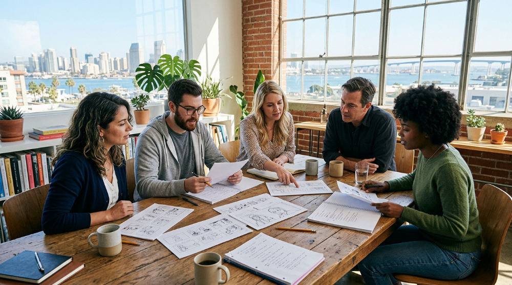 A creative team collaborates on storyboarding and script development for a new commercial video campaign in San Diego.